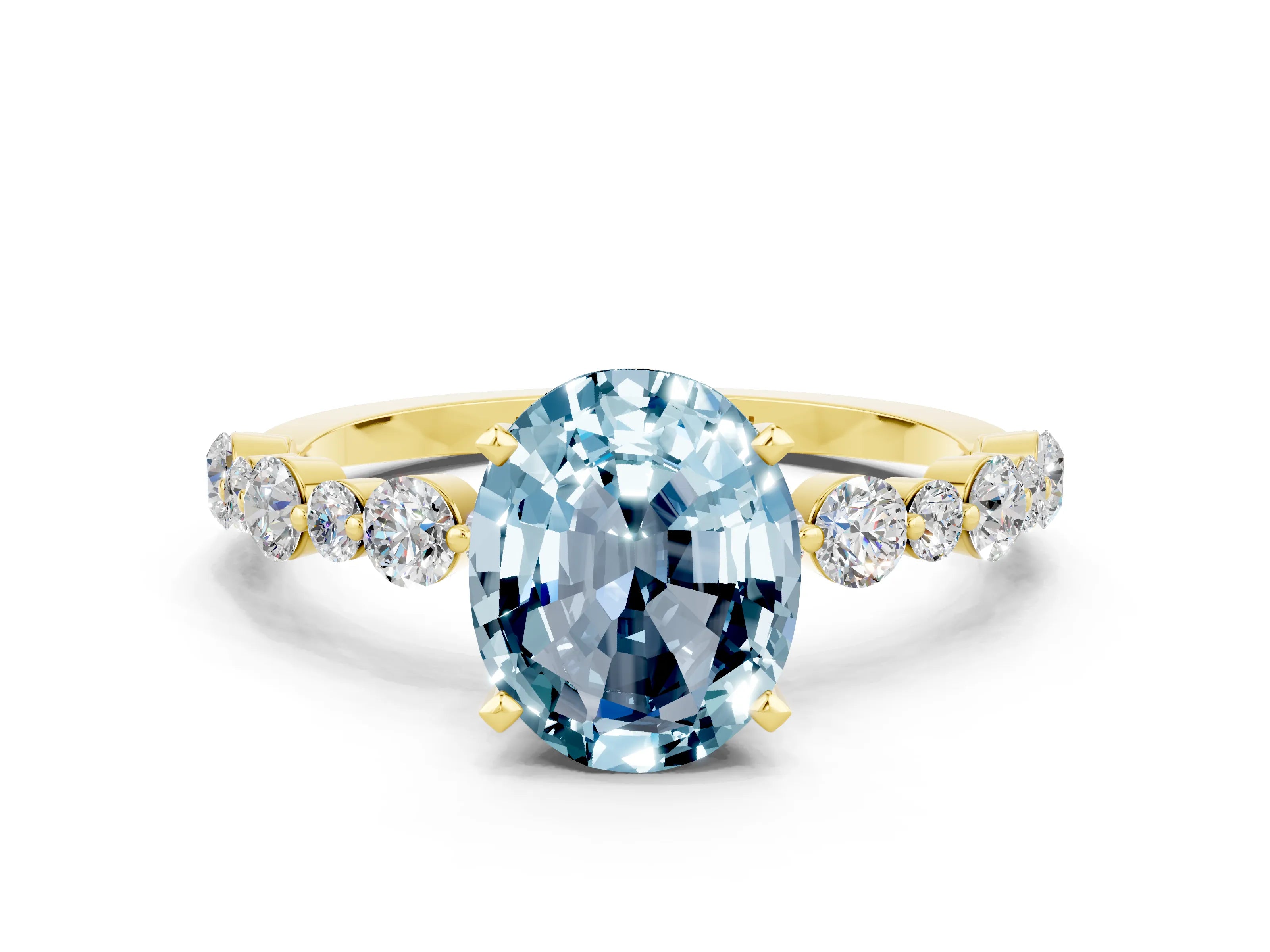 Yellow gold Oval Cut Aquamarine Prong Set Engagement Ring with Pavé Band