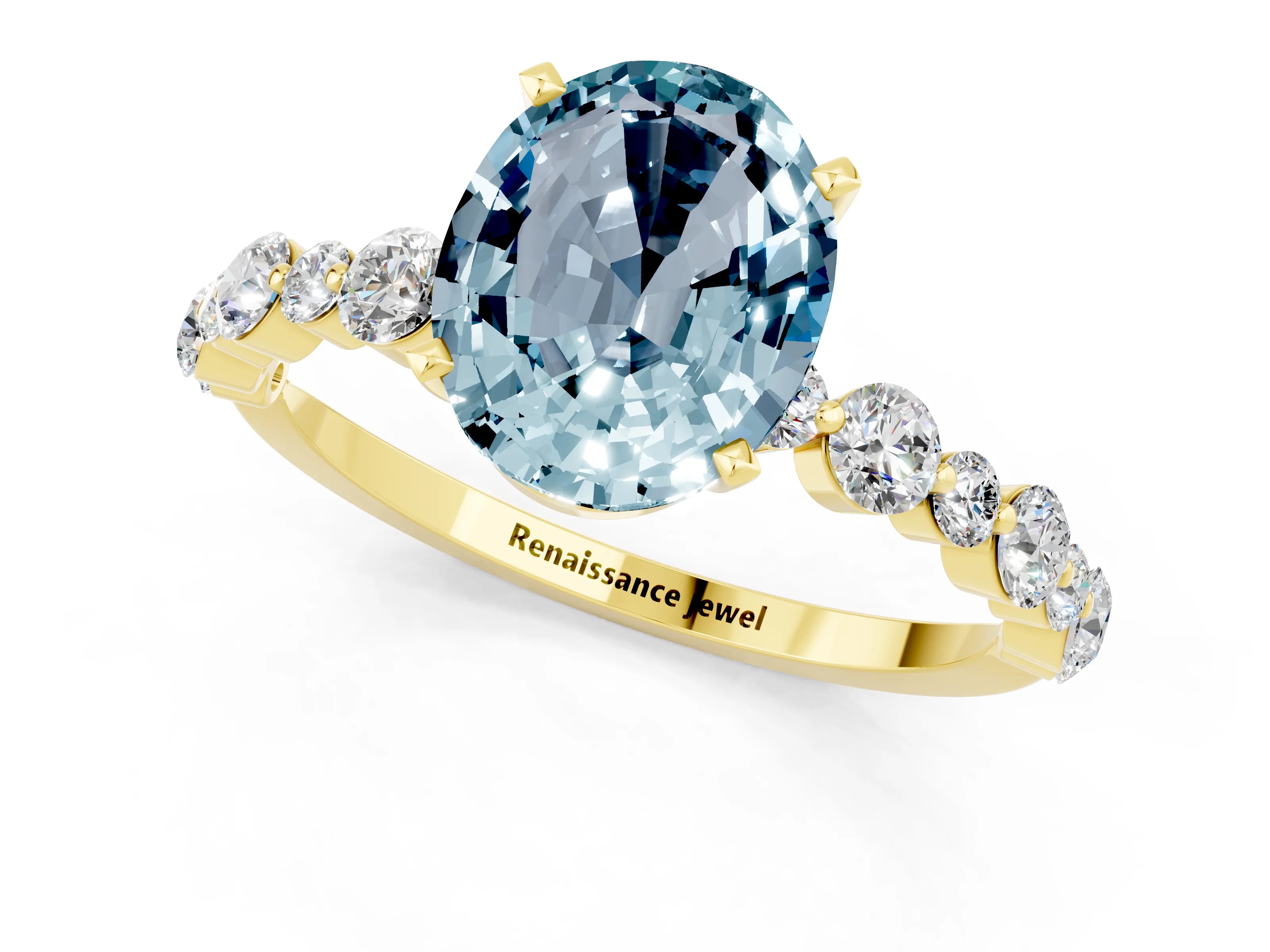 Yellow gold Oval Cut Aquamarine Prong Set Engagement Ring with Pavé Band_1