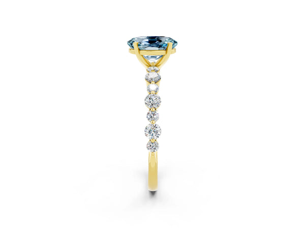 Yellow gold Oval Cut Aquamarine Prong Set Engagement Ring with Pavé Band