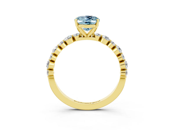 Yellow gold Oval Cut Aquamarine Prong Set Engagement Ring with Pavé Band