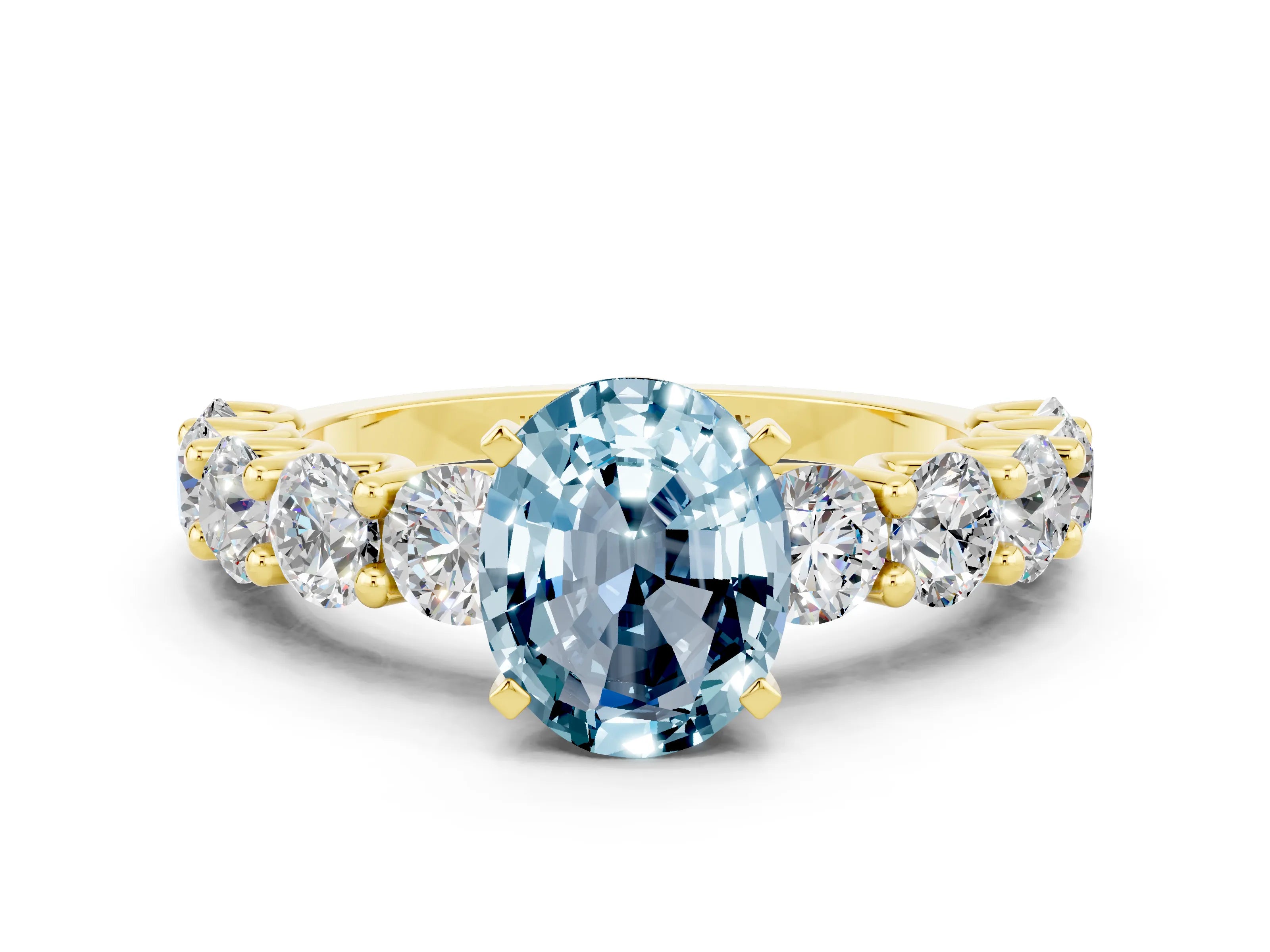 Yellow gold Oval Cut Aquamarine Prong Setting with Side Stones on a Pave Band
