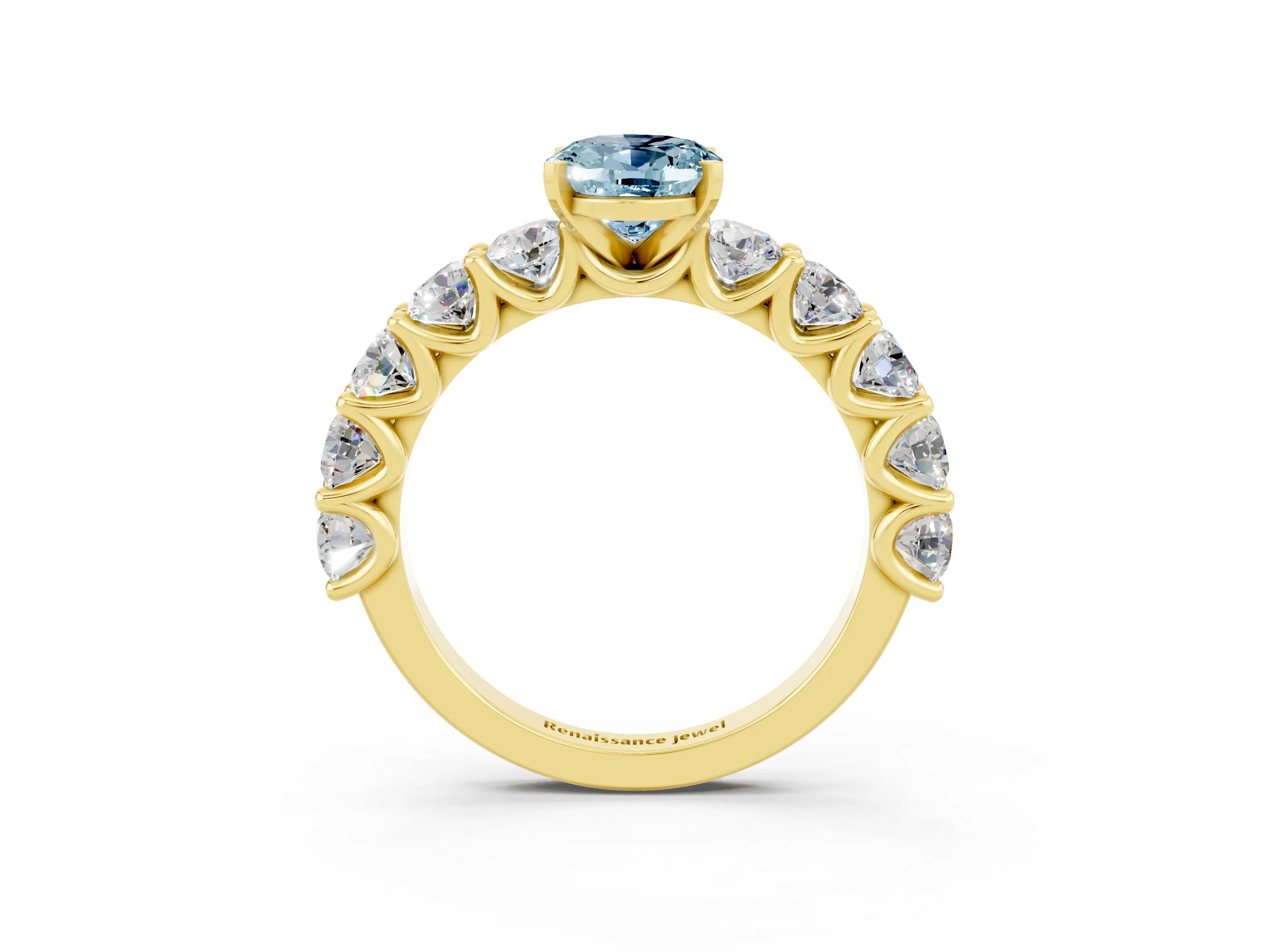 Yellow gold Oval Cut Aquamarine Prong Setting with Side Stones on a Pave Band_3