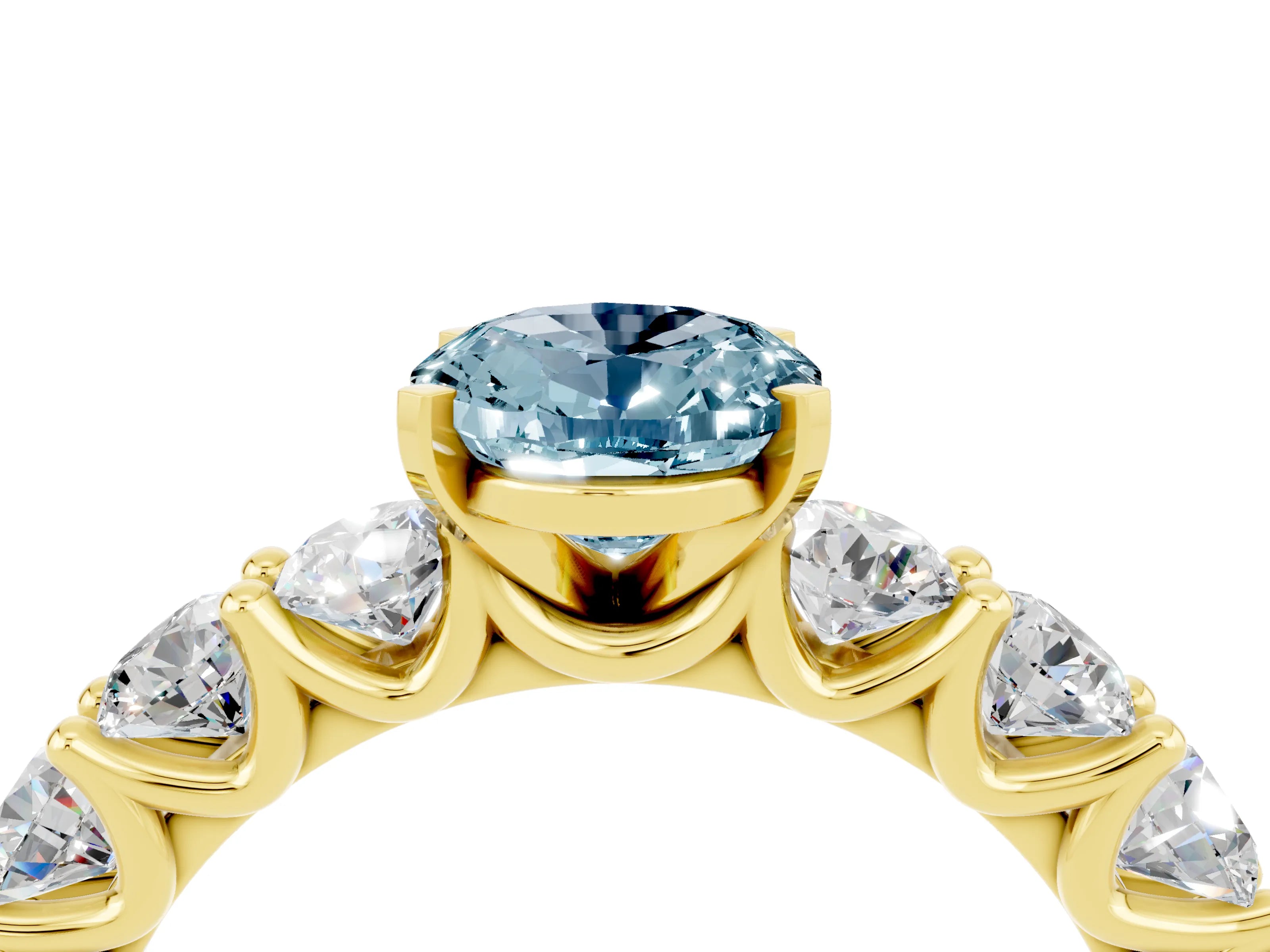 Yellow gold Oval Cut Aquamarine Prong Setting with Side Stones on a Pave Band_4