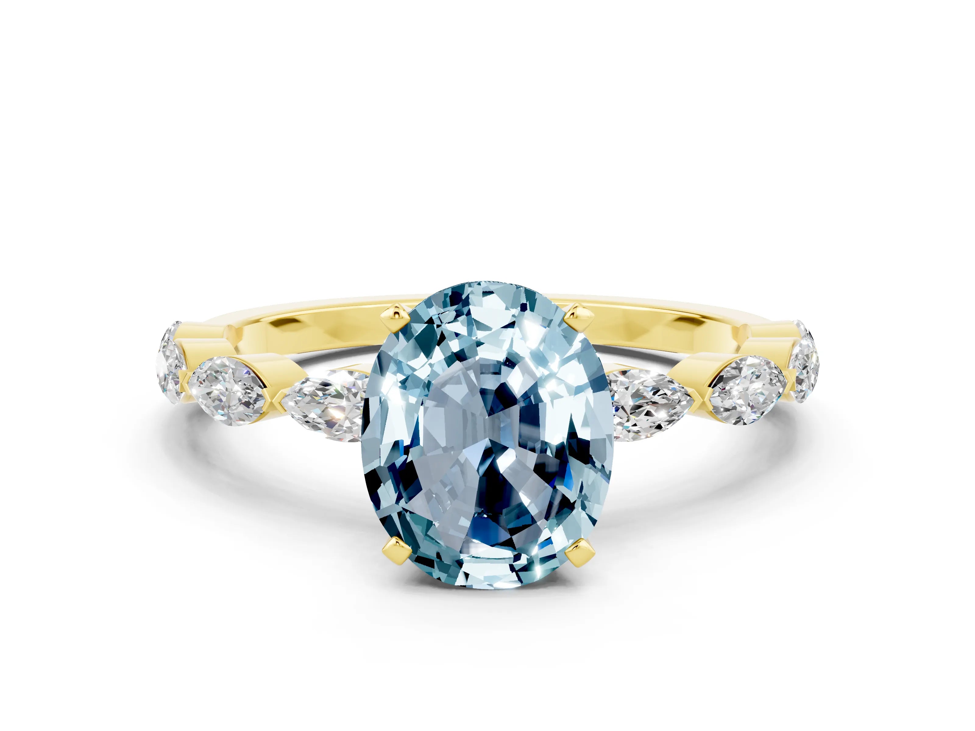 Yellow gold Oval Cut Aquamarine Ring with Marquise Side Stones and Prong Setting