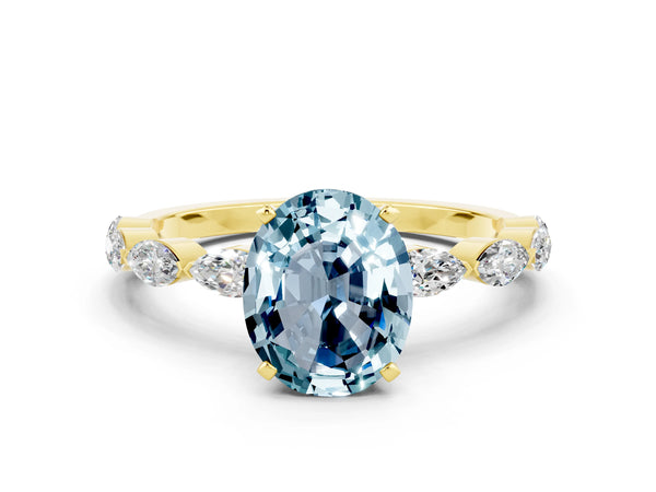 Yellow gold Oval Cut Aquamarine Ring with Marquise Side Stones and Prong Setting