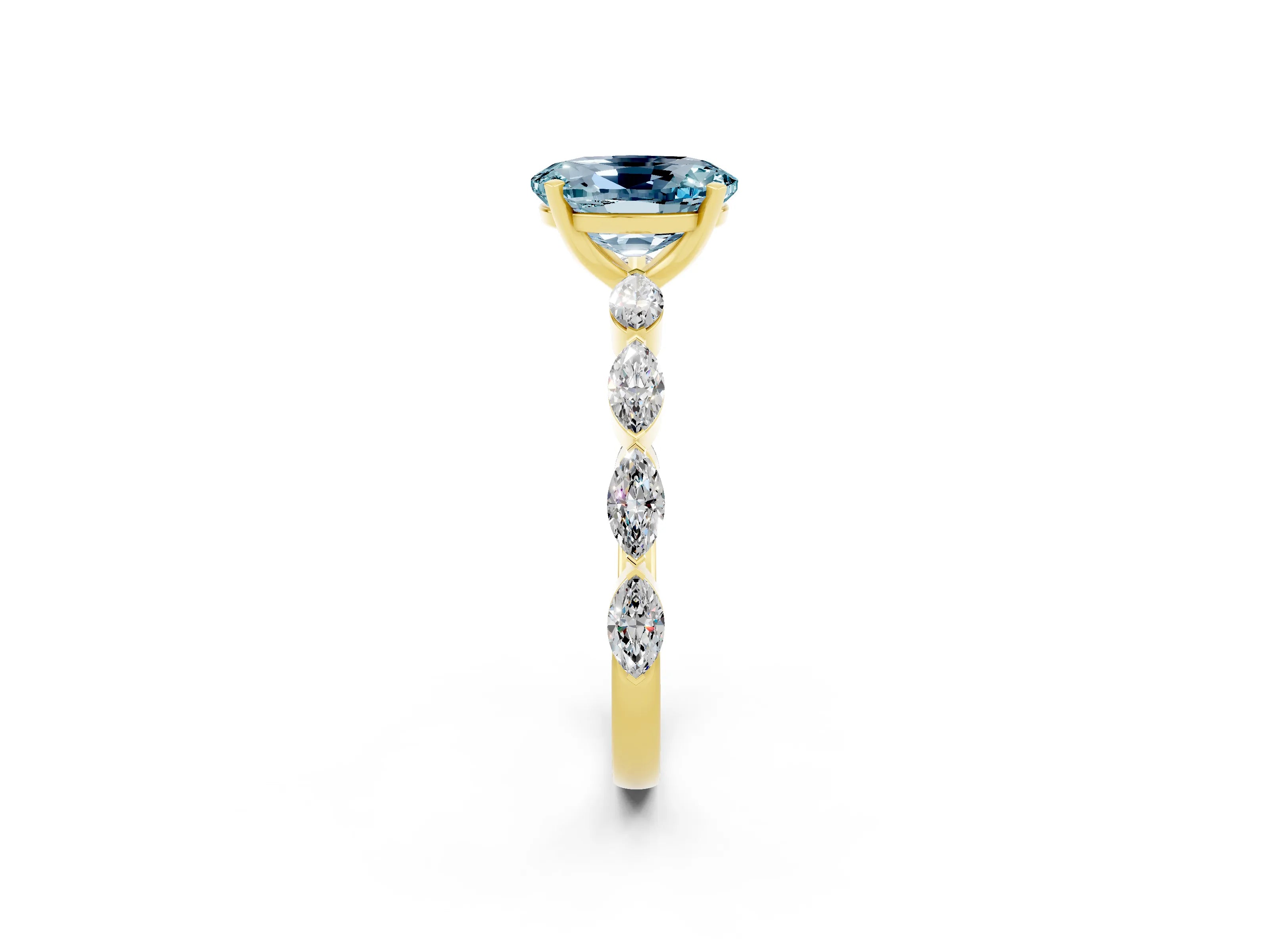 Yellow gold Oval Cut Aquamarine Ring with Marquise Side Stones and Prong Setting_2