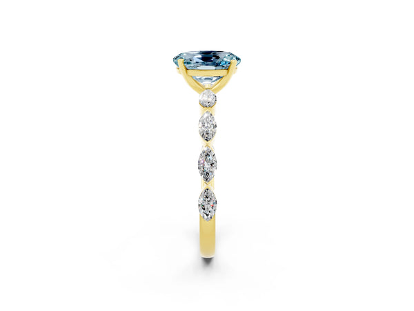 Yellow gold Oval Cut Aquamarine Ring with Marquise Side Stones and Prong Setting