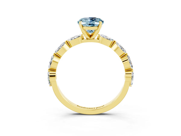 Yellow gold Oval Cut Aquamarine Ring with Marquise Side Stones and Prong Setting