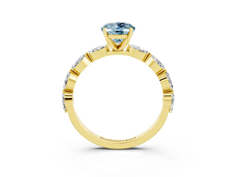 Yellow gold Oval Cut Aquamarine Ring with Marquise Side Stones and Prong Setting_3