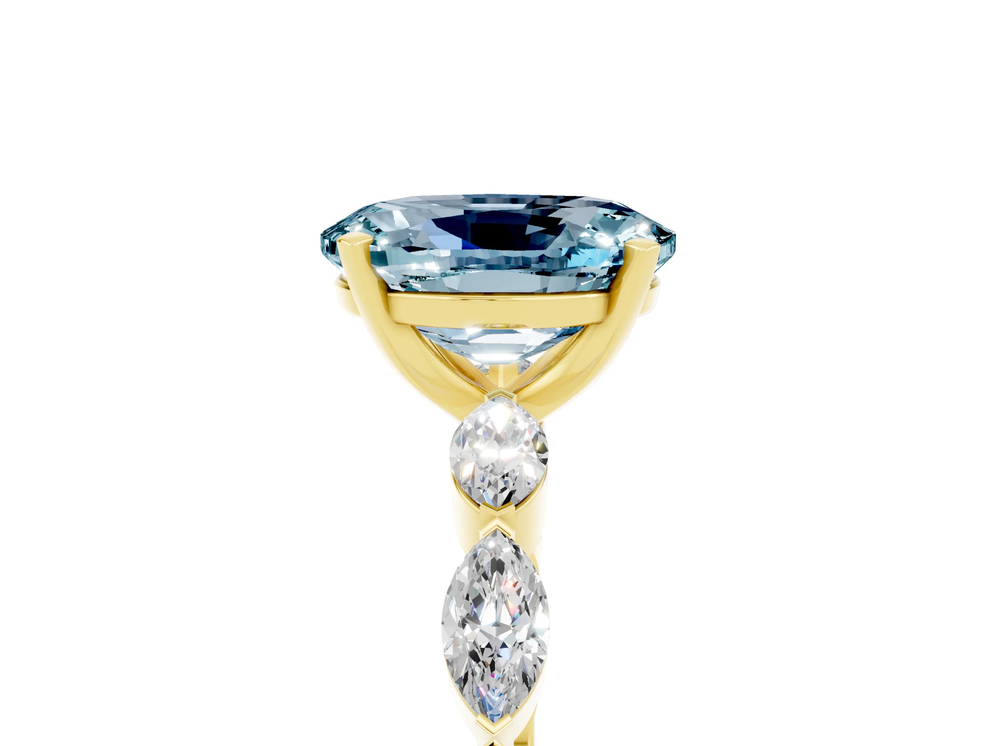 Yellow gold Oval Cut Aquamarine Ring with Marquise Side Stones and Prong Setting_5