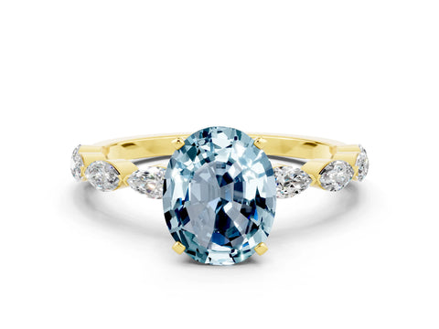 Yellow gold Oval Cut Aquamarine Ring with Marquise Side Stones and Prong Setting