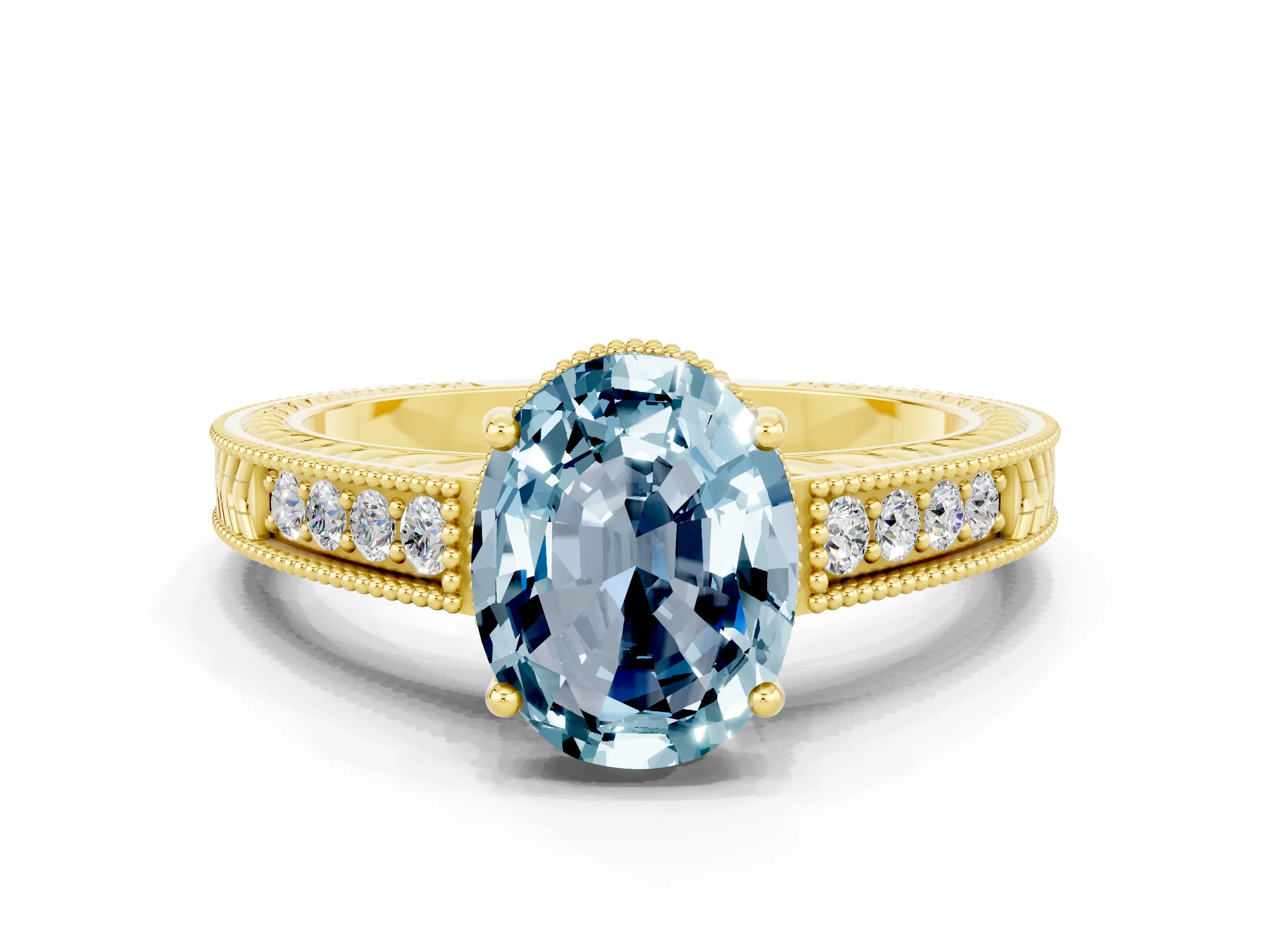 Yellow gold Oval Cut Aquamarine Ring with Milgrain Pavé Band and Four-Prong Setting_12