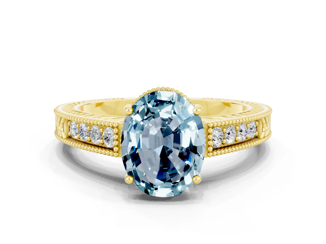 Yellow gold Oval Cut Aquamarine Ring with Milgrain Pavé Band and Four-Prong Setting_12