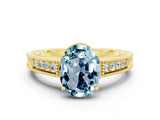 Yellow gold Oval Cut Aquamarine Ring with Milgrain Pavé Band and Four-Prong Setting_12