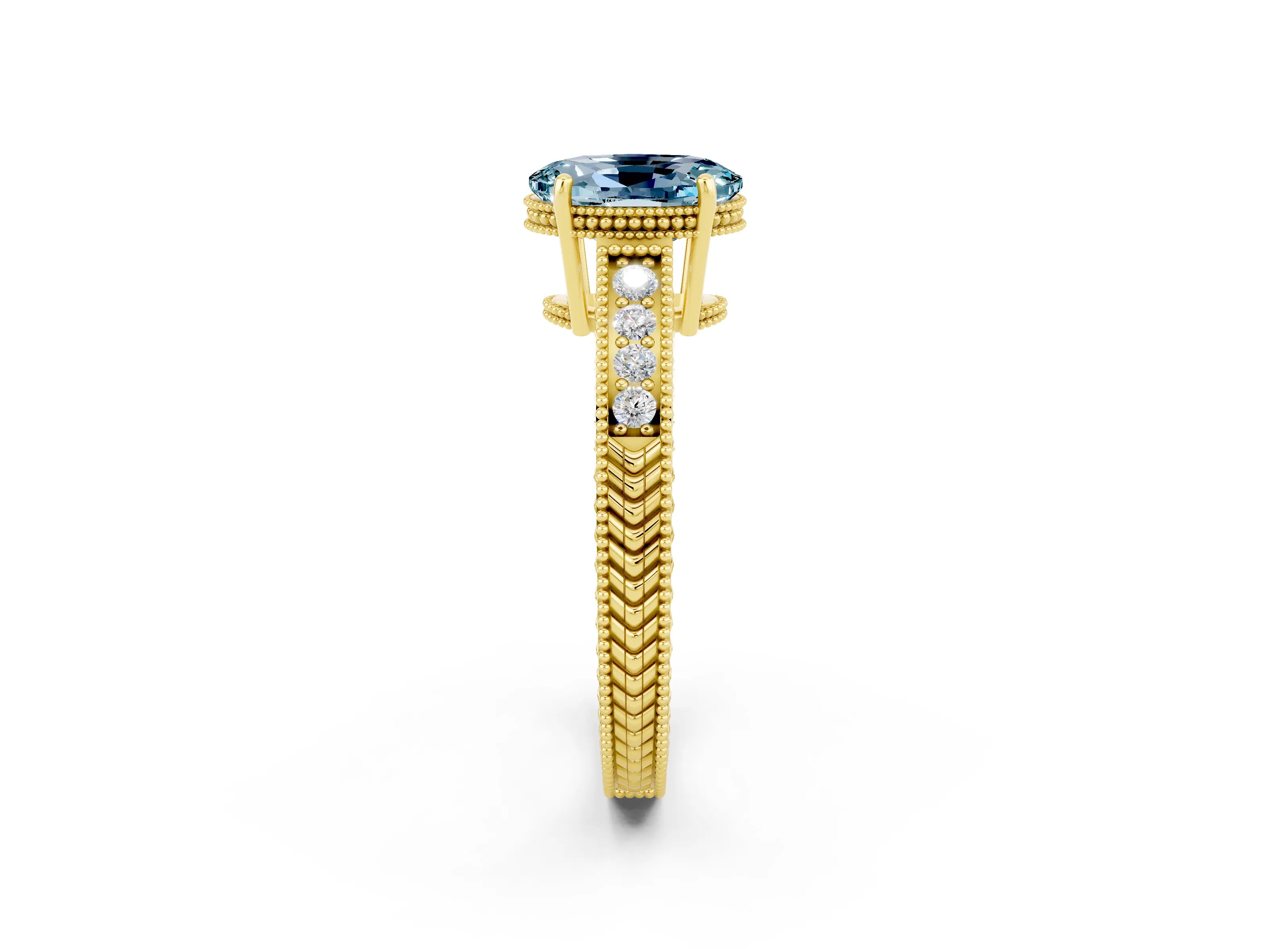 Yellow gold Oval Cut Aquamarine Ring with Milgrain Pavé Band and Four-Prong Setting_14