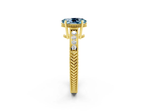 Yellow gold Oval Cut Aquamarine Ring with Milgrain Pavé Band and Four-Prong Setting
