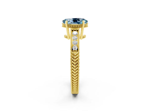 Yellow gold Oval Cut Aquamarine Ring with Milgrain Pavé Band and Four-Prong Setting_14
