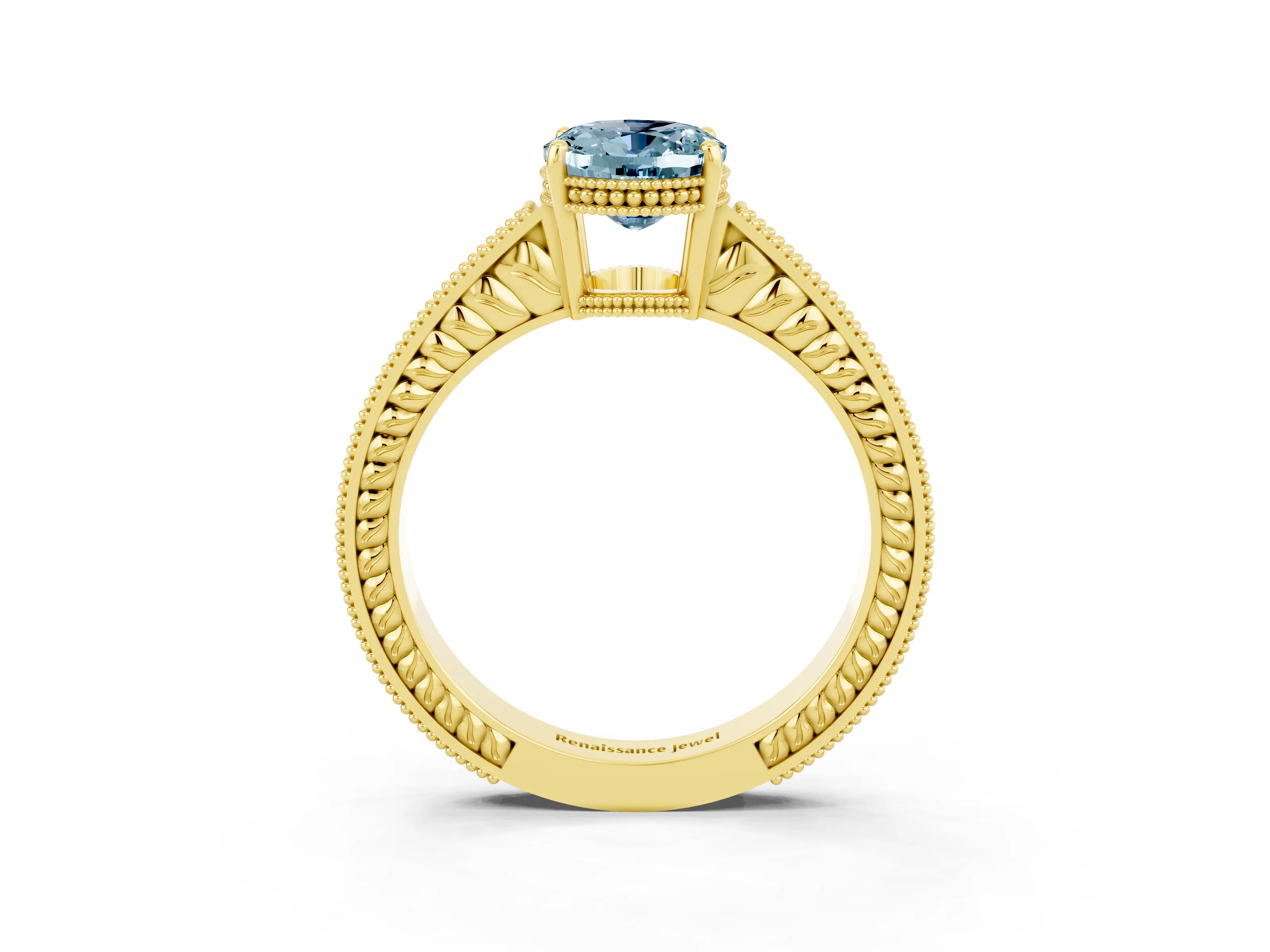 Yellow gold Oval Cut Aquamarine Ring with Milgrain Pavé Band and Four-Prong Setting_15