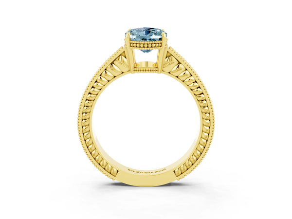 Yellow gold Oval Cut Aquamarine Ring with Milgrain Pavé Band and Four-Prong Setting