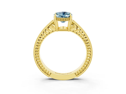 Yellow gold Oval Cut Aquamarine Ring with Milgrain Pavé Band and Four-Prong Setting_15