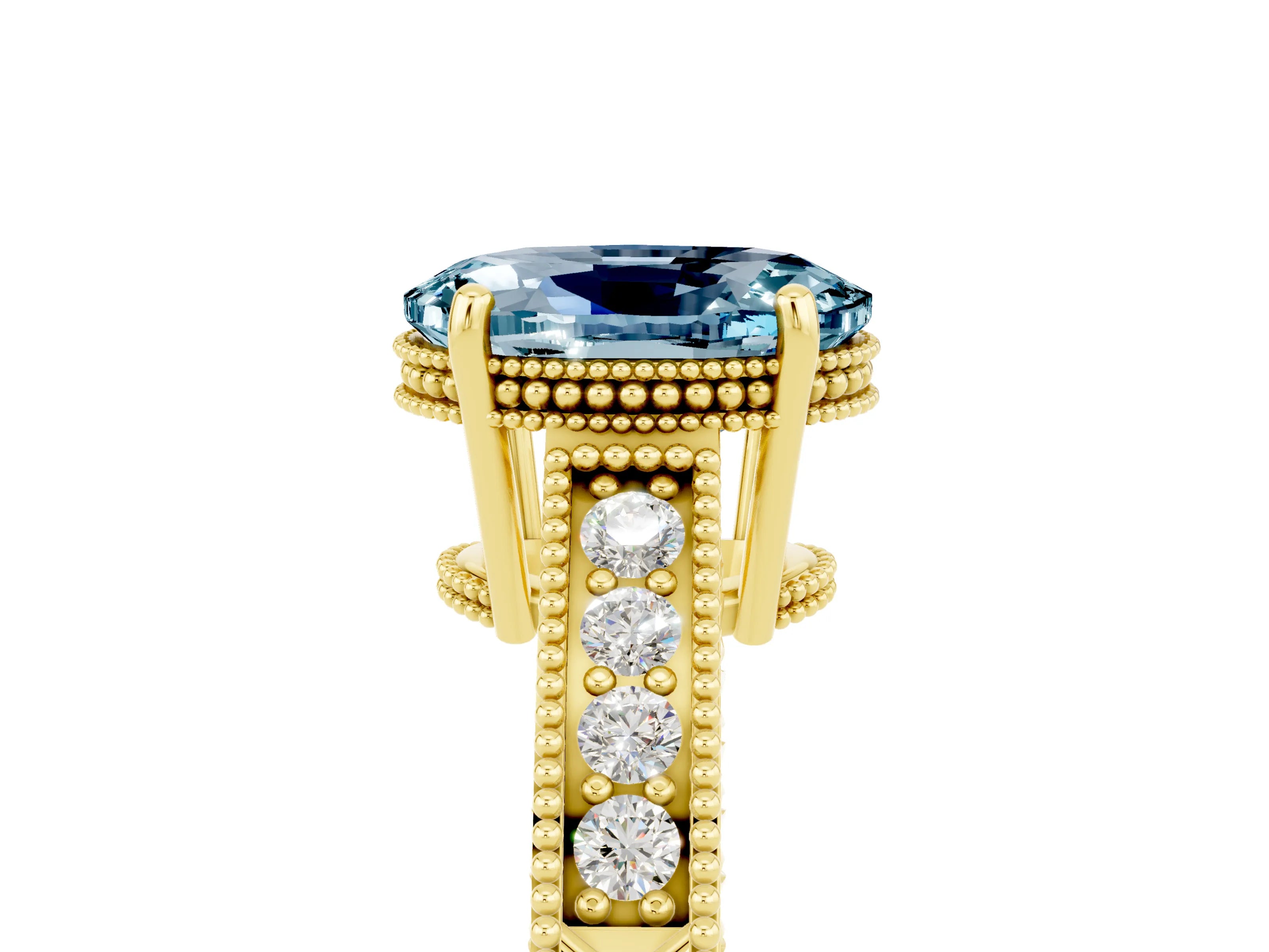 Yellow gold Oval Cut Aquamarine Ring with Milgrain Pavé Band and Four-Prong Setting_17