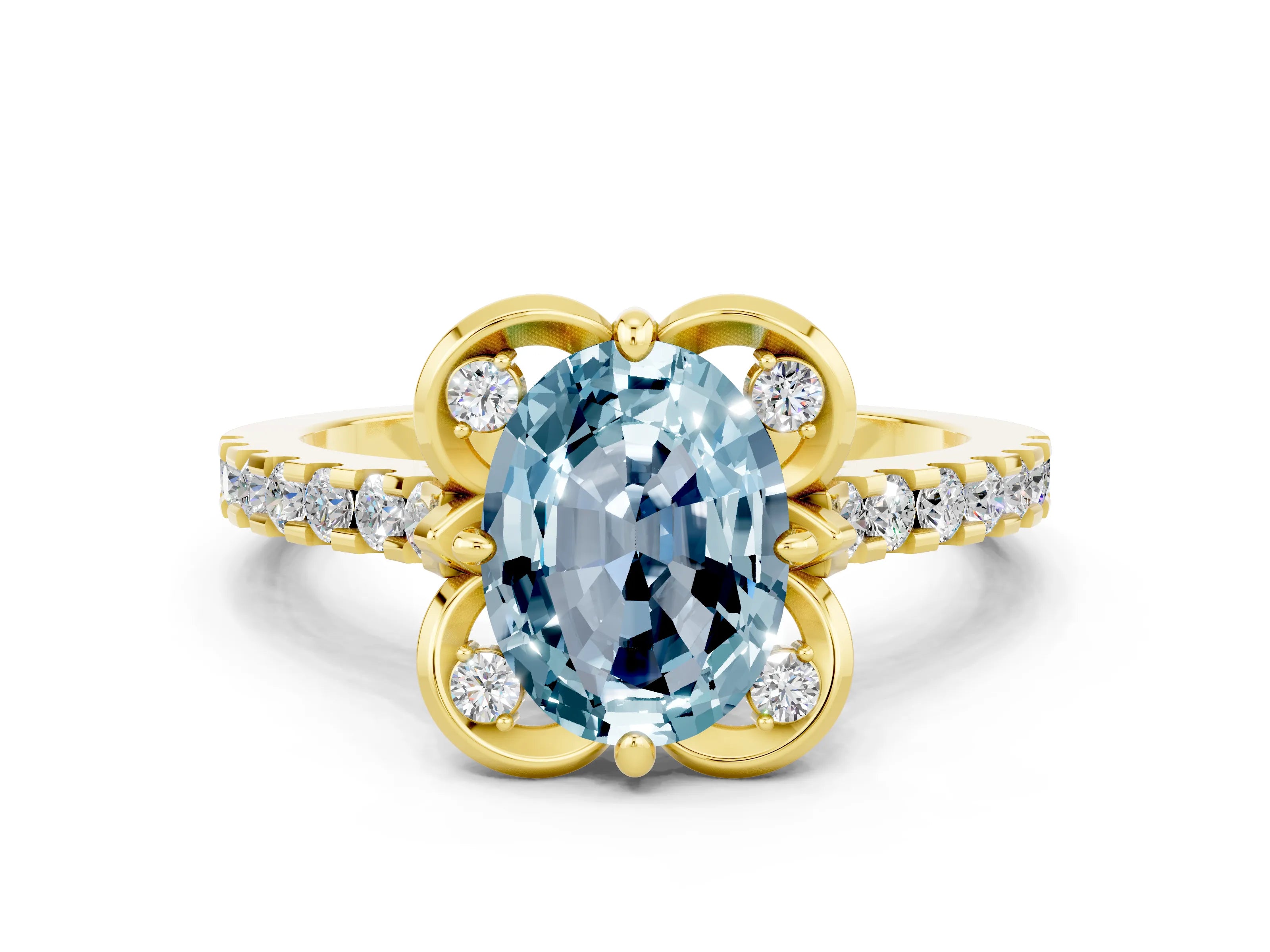 Yellow gold Oval Cut Aquamarine Ring with Pavé Band and Floral Prong Setting