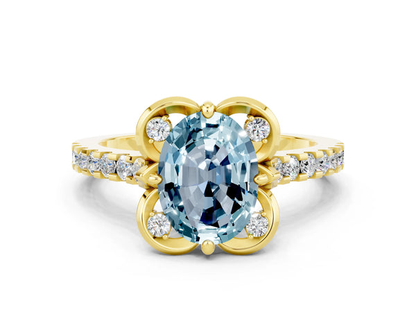 Yellow gold Oval Cut Aquamarine Ring with Pavé Band and Floral Prong Setting