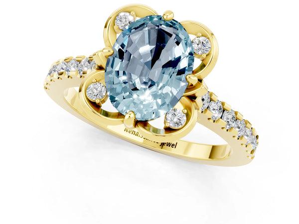 Yellow gold Oval Cut Aquamarine Ring with Pavé Band and Floral Prong Setting