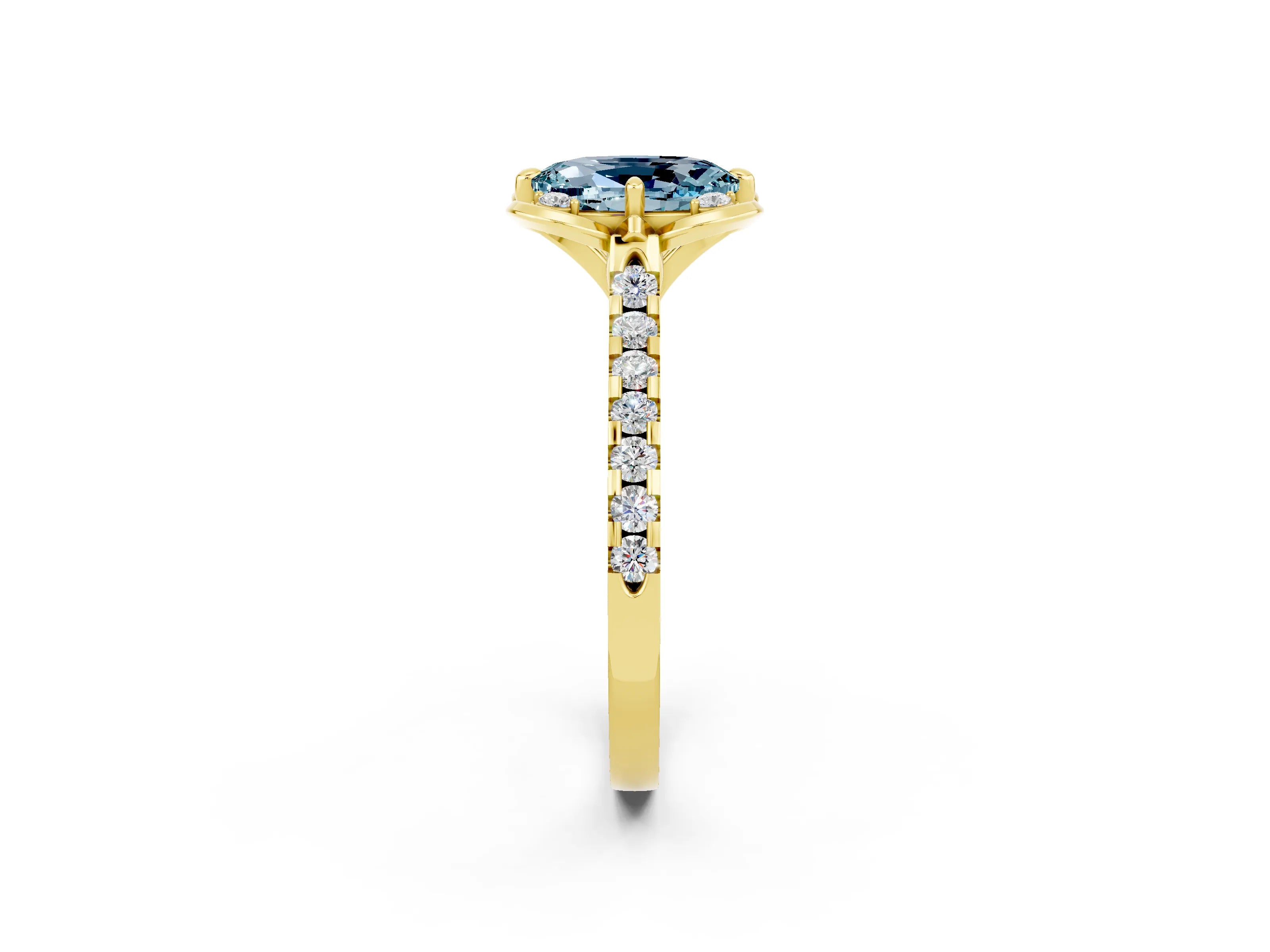 Yellow gold Oval Cut Aquamarine Ring with Pavé Band and Floral Prong Setting_2