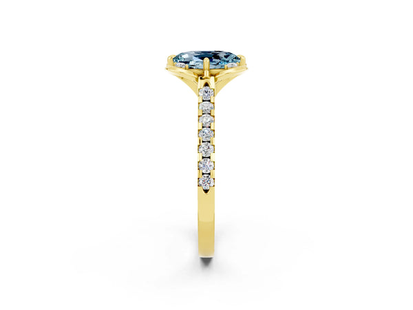 Yellow gold Oval Cut Aquamarine Ring with Pavé Band and Floral Prong Setting