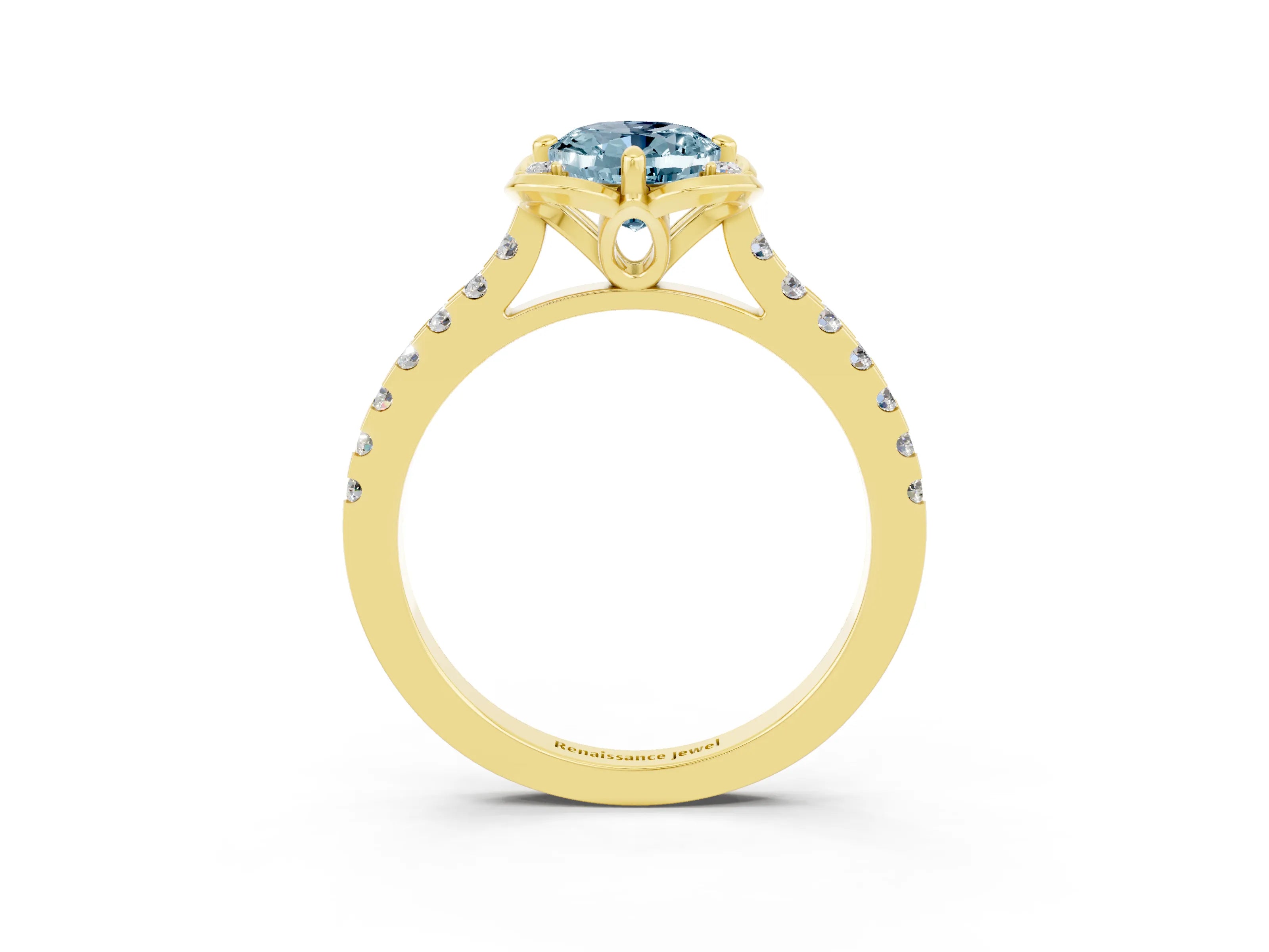 Yellow gold Oval Cut Aquamarine Ring with Pavé Band and Floral Prong Setting_3