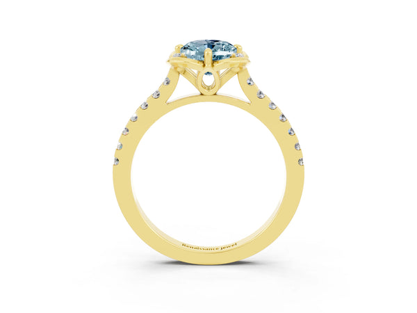 Yellow gold Oval Cut Aquamarine Ring with Pavé Band and Floral Prong Setting