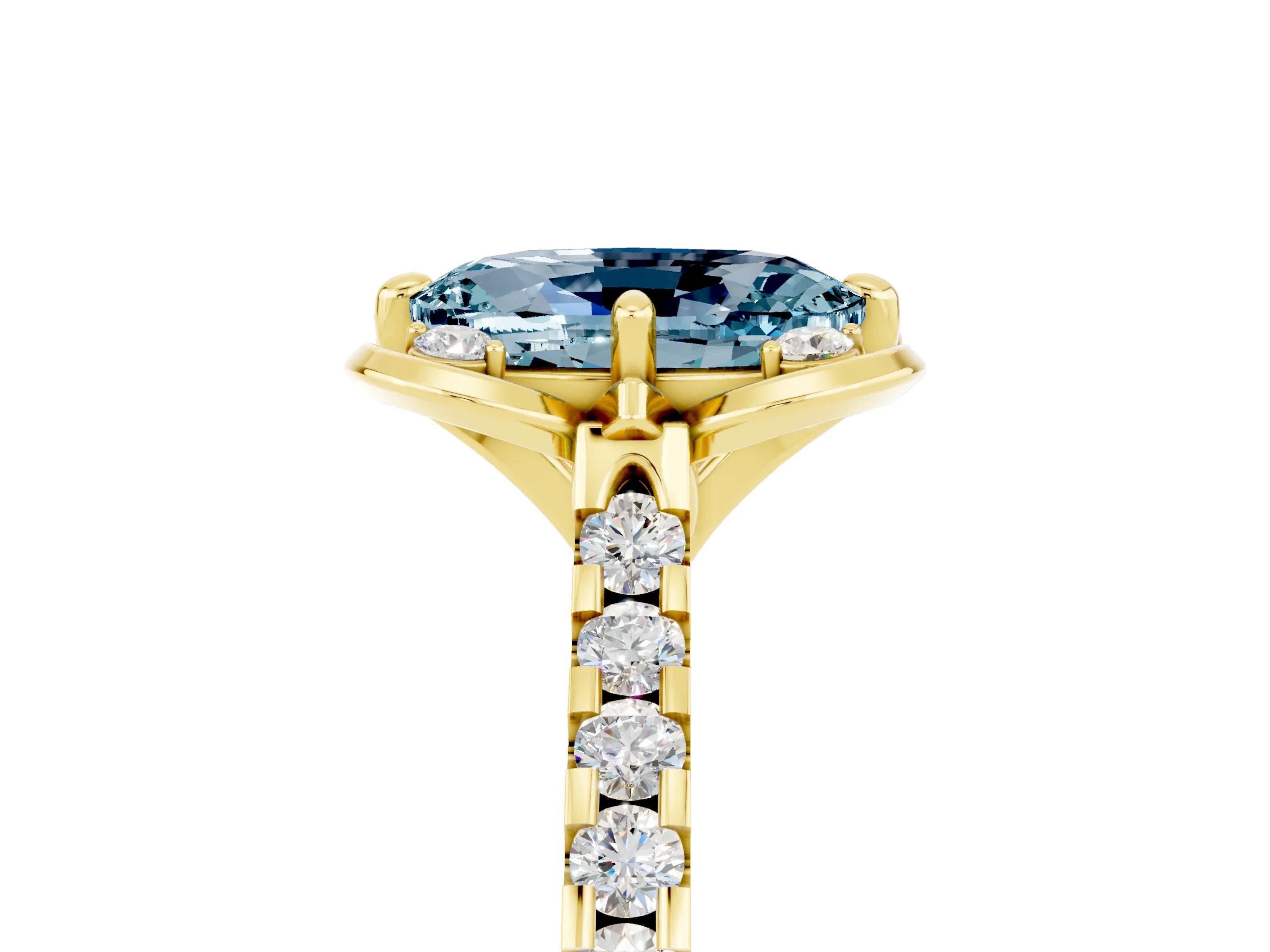 Yellow gold Oval Cut Aquamarine Ring with Pavé Band and Floral Prong Setting_5