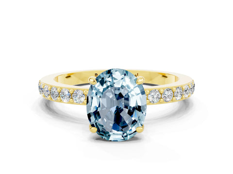 Yellow gold Oval Cut Aquamarine Ring with Pavé Band and Four-Prong Setting