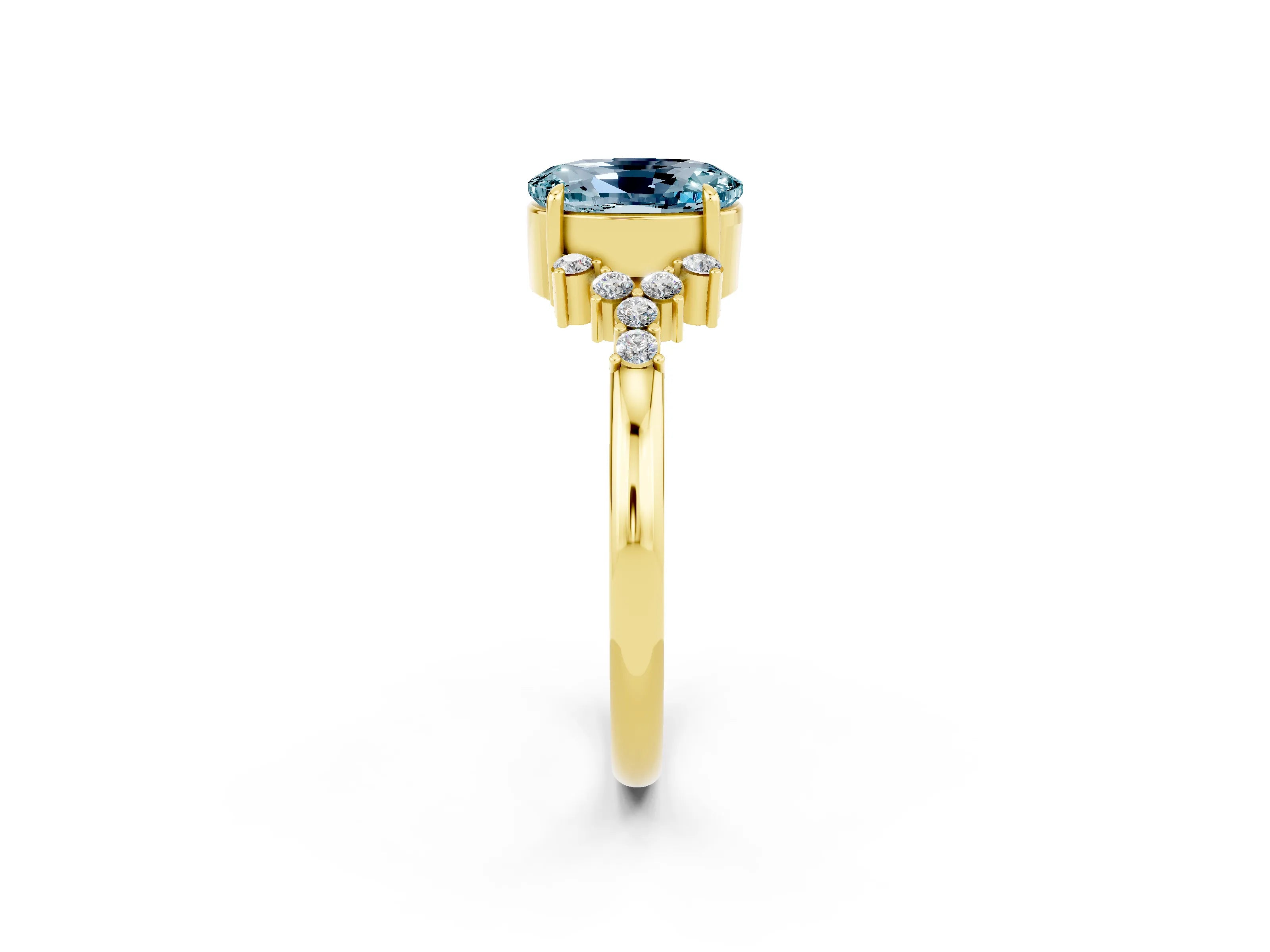 Yellow gold Oval Cut Aquamarine Ring with Side Stones and Four-Prong Setting_74