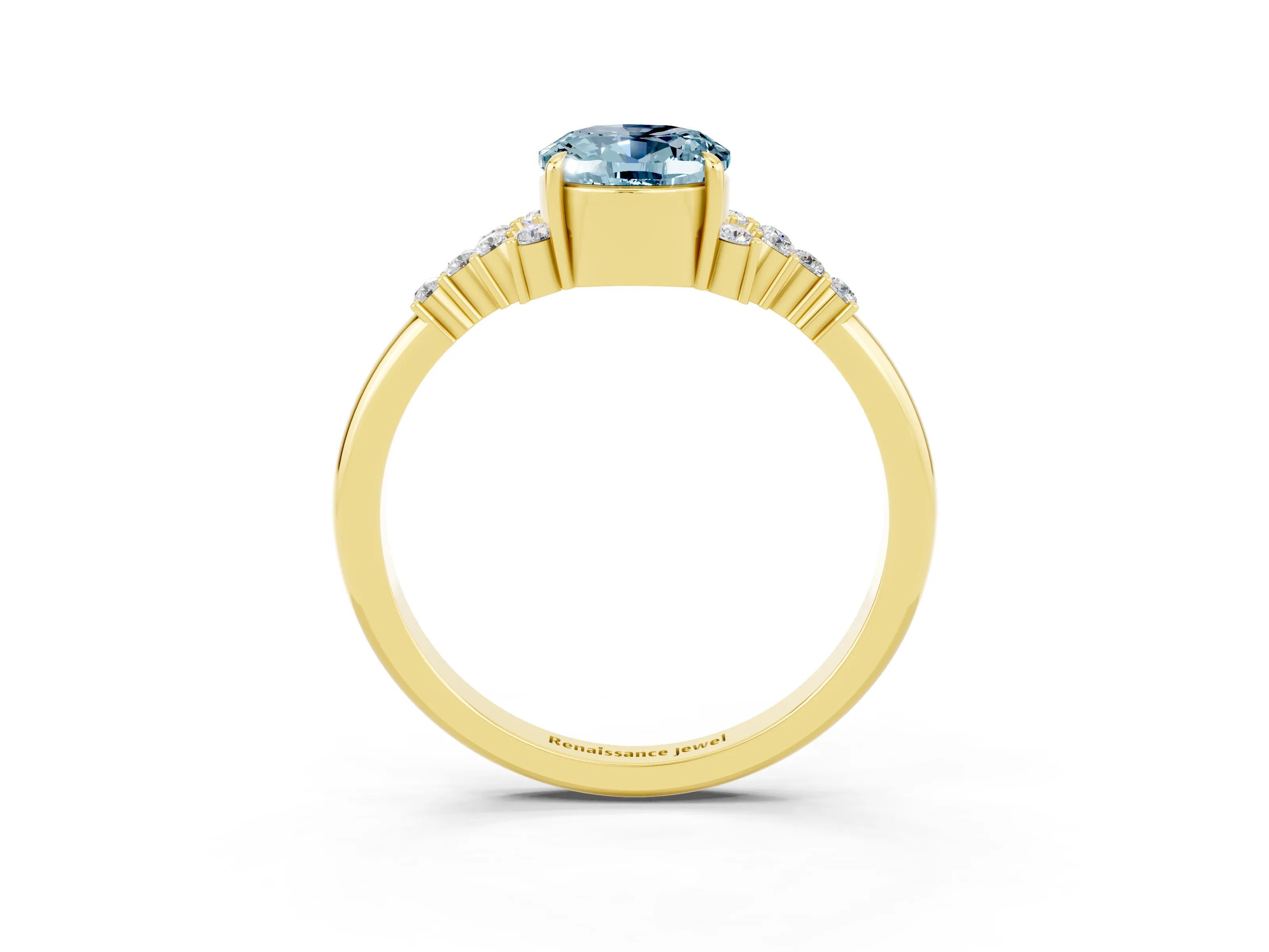 Yellow gold Oval Cut Aquamarine Ring with Side Stones and Four-Prong Setting_75
