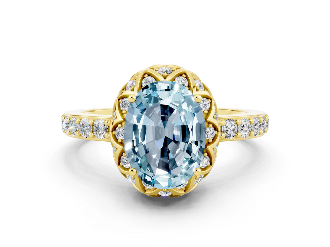 Yellow gold Oval Cut Aquamarine Scalloped Halo Engagement Ring with Round Shared Prong Band_12