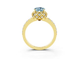 Yellow gold Oval Cut Aquamarine Scalloped Halo Engagement Ring with Round Shared Prong Band_15