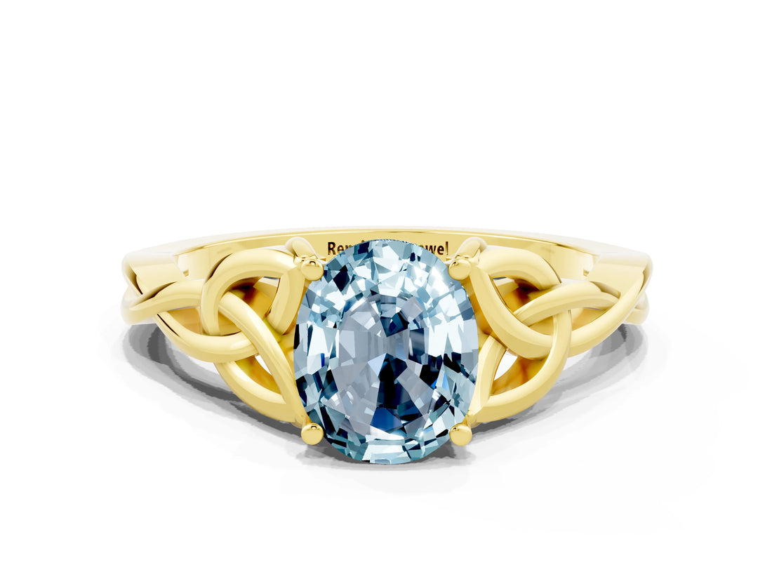 Yellow gold Oval Cut Aquamarine Solitaire Celtic Knot Ring with Four-Prong Setting_12