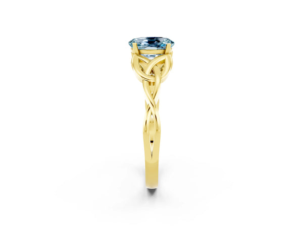 Yellow gold Oval Cut Aquamarine Solitaire Celtic Knot Ring with Four-Prong Setting