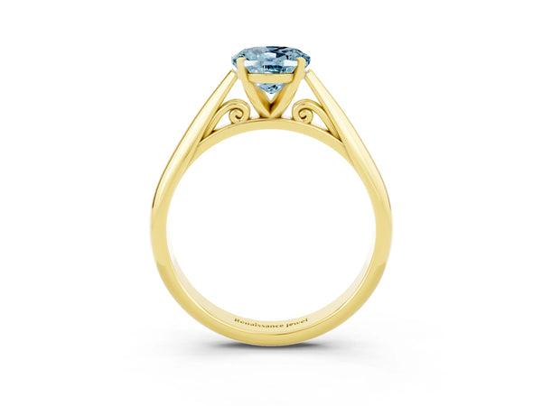 Yellow gold Oval Cut Aquamarine Solitaire Engagement Ring with Cathedral Setting and Four-Prong Mount