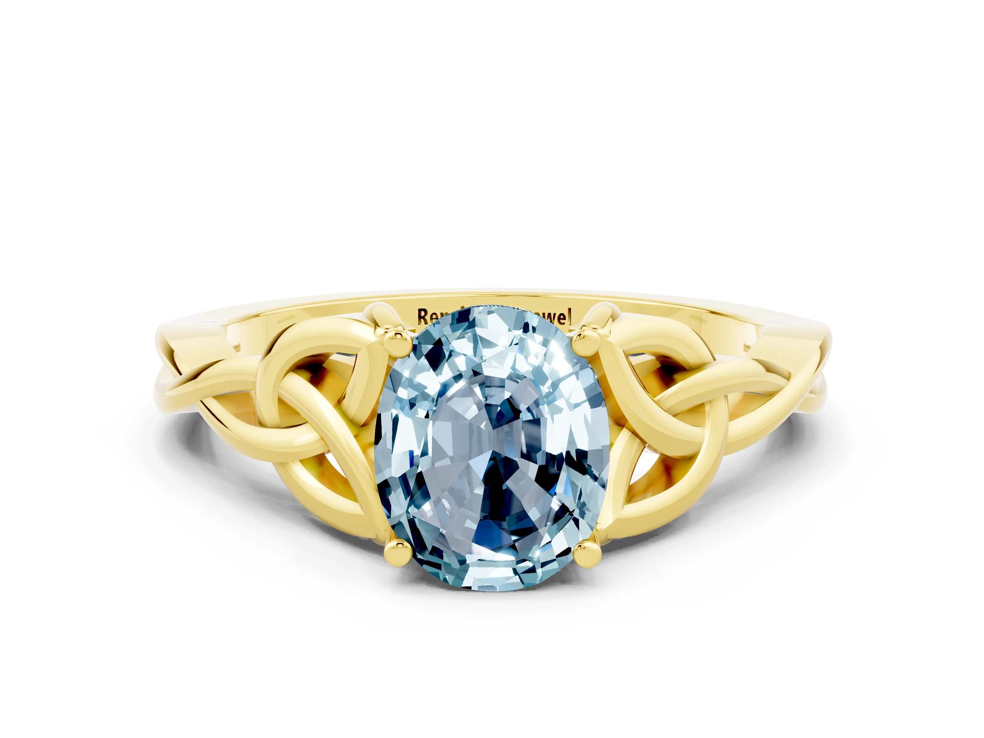 Yellow gold Oval Cut Aquamarine Solitaire Engagement Ring with Celtic Knot Band and Four-Prong Setting