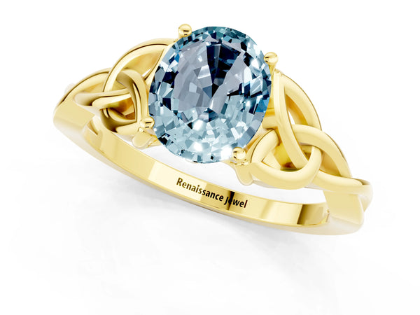 Yellow gold Oval Cut Aquamarine Solitaire Engagement Ring with Celtic Knot Band and Four-Prong Setting