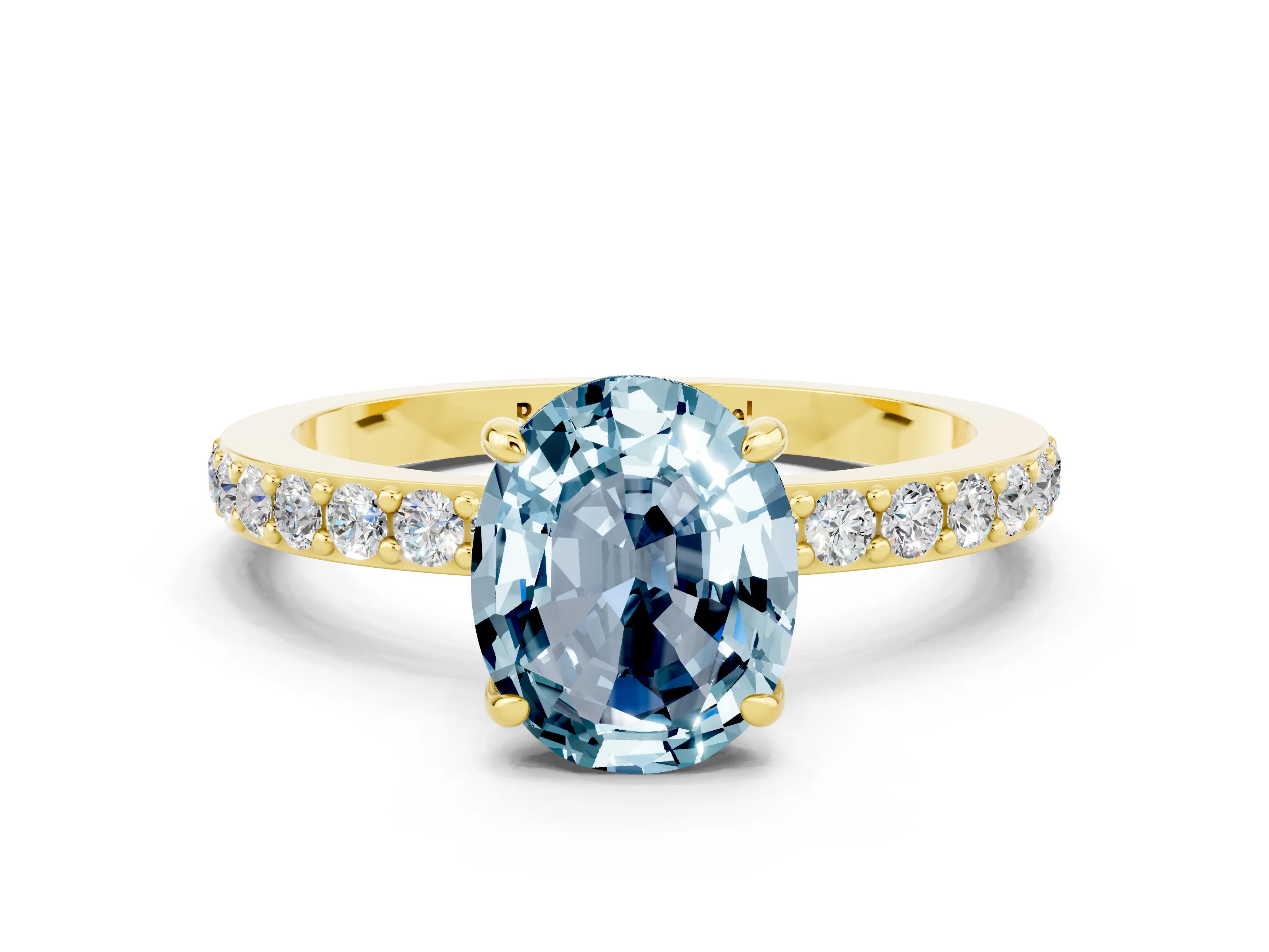 Yellow gold Oval Cut Aquamarine Solitaire Engagement Ring with Pavé Band and Four-Prong Setting