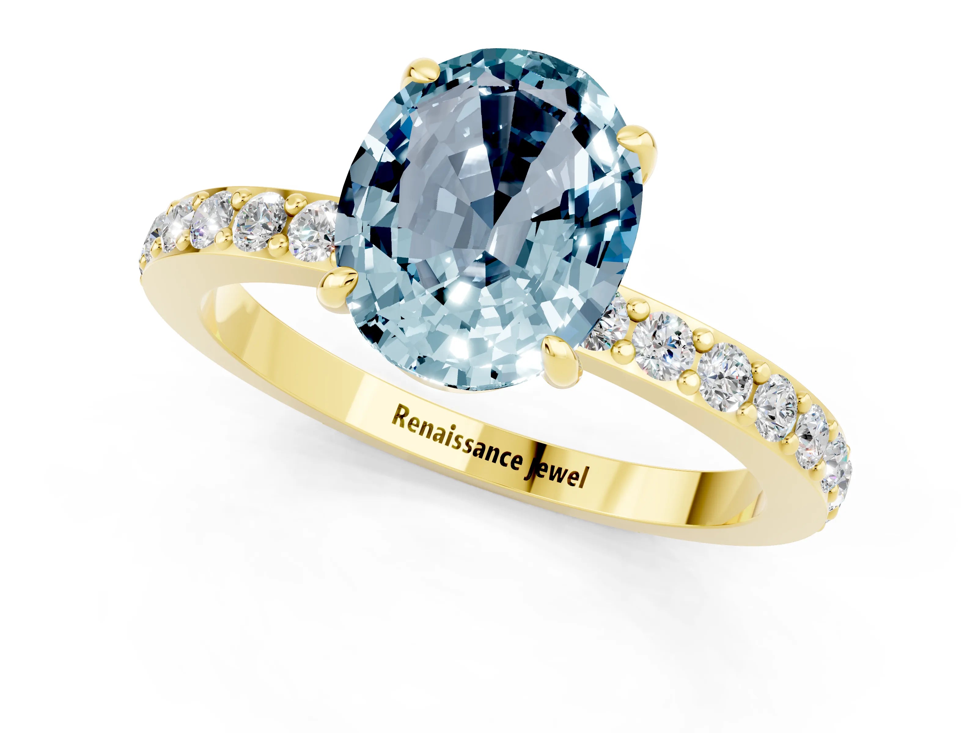 Yellow gold Oval Cut Aquamarine Solitaire Engagement Ring with Pavé Band and Four-Prong Setting_1