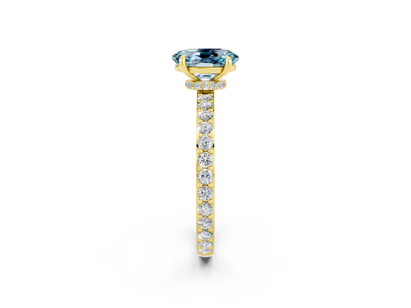 Yellow gold Oval Cut Aquamarine Solitaire Engagement Ring with Pavé Band and Four-Prong Setting
