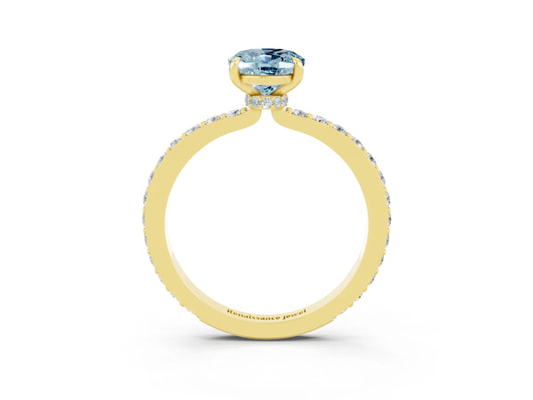 Yellow gold Oval Cut Aquamarine Solitaire Engagement Ring with Pavé Band and Four-Prong Setting