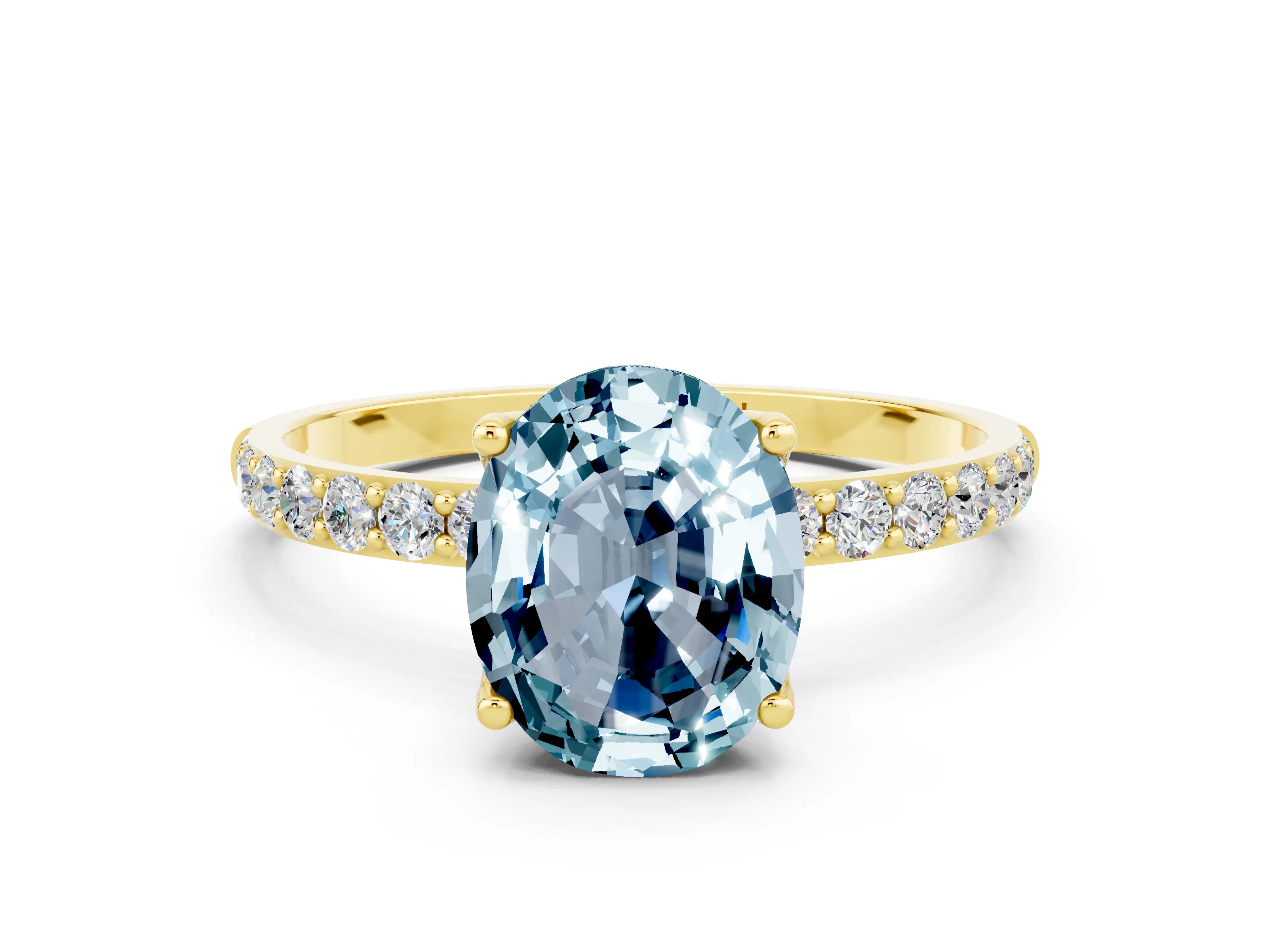 Yellow gold Oval Cut Aquamarine Solitaire Engagement Ring with Pavé Band and Prong Setting
