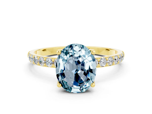 Yellow gold Oval Cut Aquamarine Solitaire Engagement Ring with Round  Pavé Band and Prong Setting
