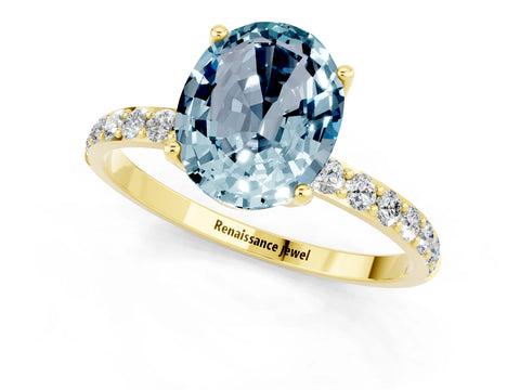 Yellow gold Oval Cut Aquamarine Solitaire Engagement Ring with Pavé Band and Prong Setting_1